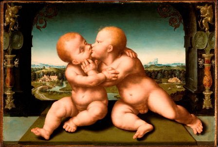 Joos van Cleve, 'The Infants Christ and John the Baptist Embracing and Kissing', (c. 1530).