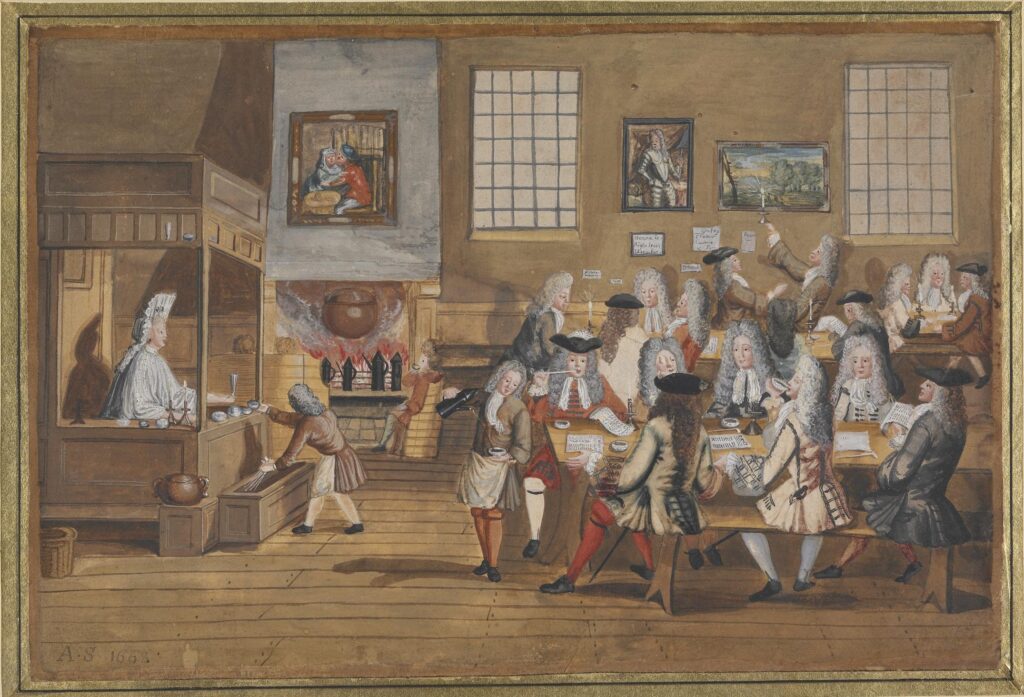 Interior of a coffee house in London and this is a good example of the first coffee houses in the Netherlands. Made by anonymous in 1668. The British Museum (24-09-2024).